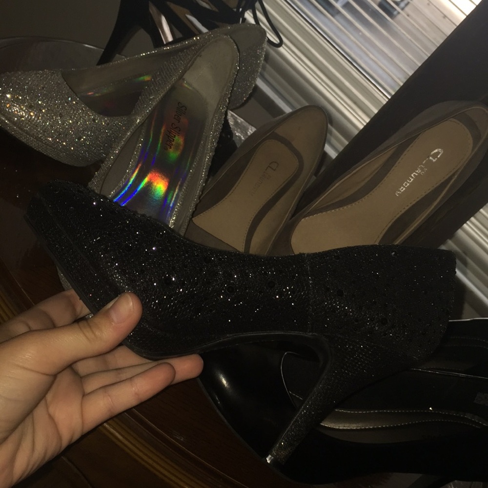 Silver slipper black satin heels